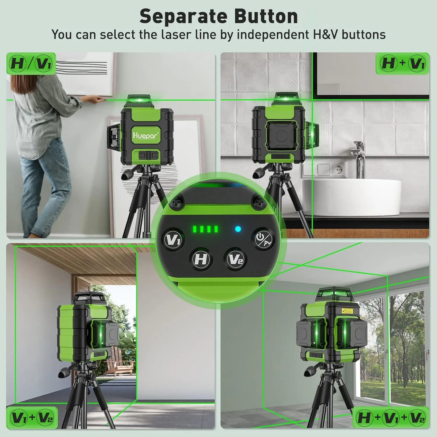 Huepar Laser Level 360 Self Leveling, Rechargeable Green Laser 3x360° Cross Line Lazer Leveler 3D Level Laser Tool for Construction and Picture Hanging, Strong Magnetic Bracket&Hard Carry Case -HM03CG