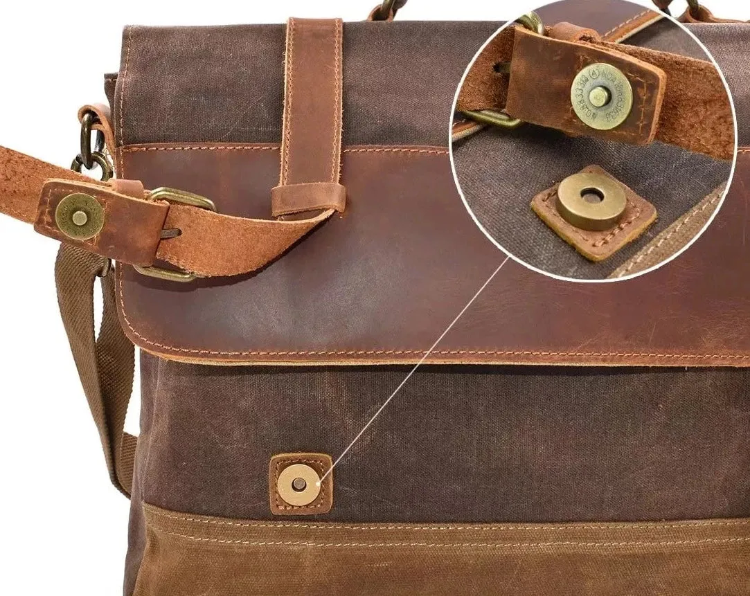 'Hugh' Waxed Canvas & Leather Briefcase/Satchel