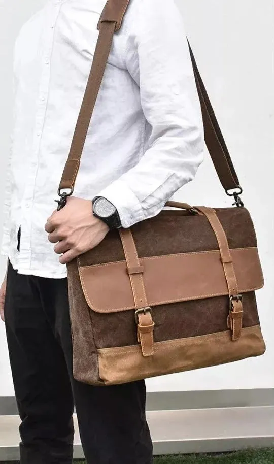'Hugh' Waxed Canvas & Leather Briefcase/Satchel