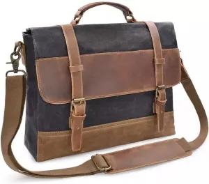 'Hugh' Waxed Canvas & Leather Briefcase/Satchel