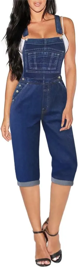 Hybrid & Company Womens Denim Bib Sleeveless Overalls Utility Rompers Capri Jumpsuit with Pockets