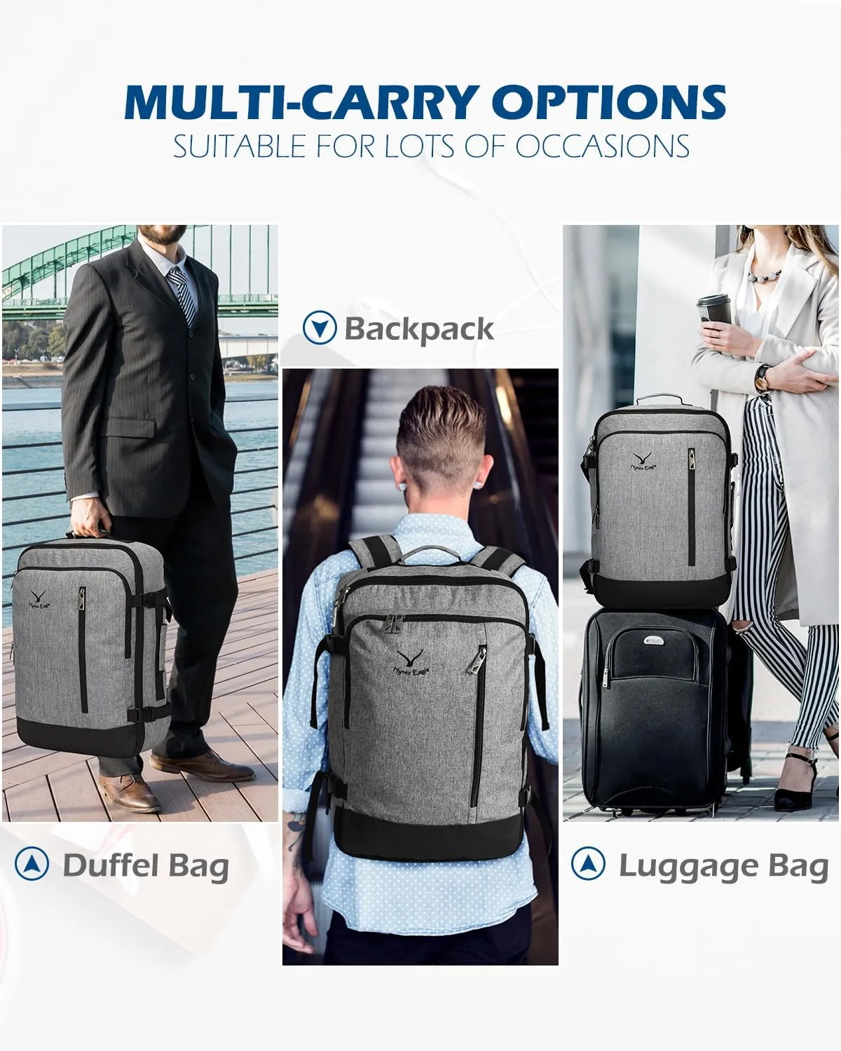 Hynes Eagle Carry on Backpack 38L Large Travel Backpack for Women Flight Approved Weekender Bag Laptop Backpack Men 15 inches Black Grey 2023