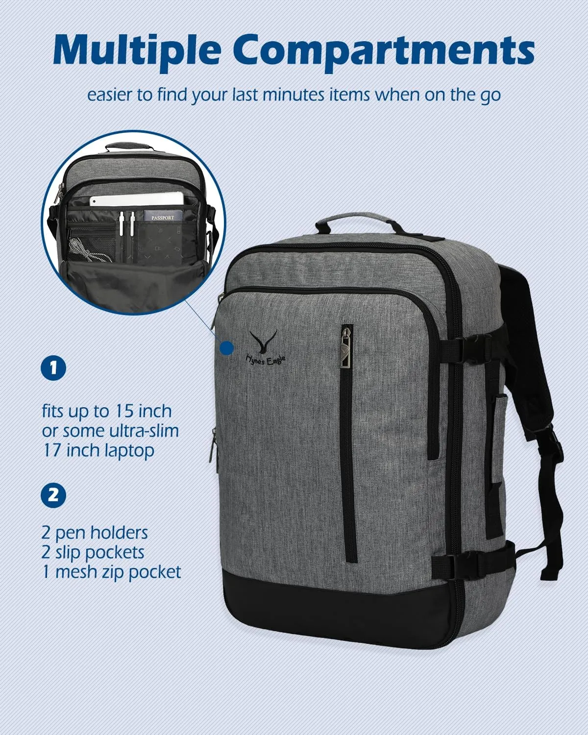 Hynes Eagle Carry on Backpack 38L Large Travel Backpack for Women Flight Approved Weekender Bag Laptop Backpack Men 15 inches Black Grey 2023