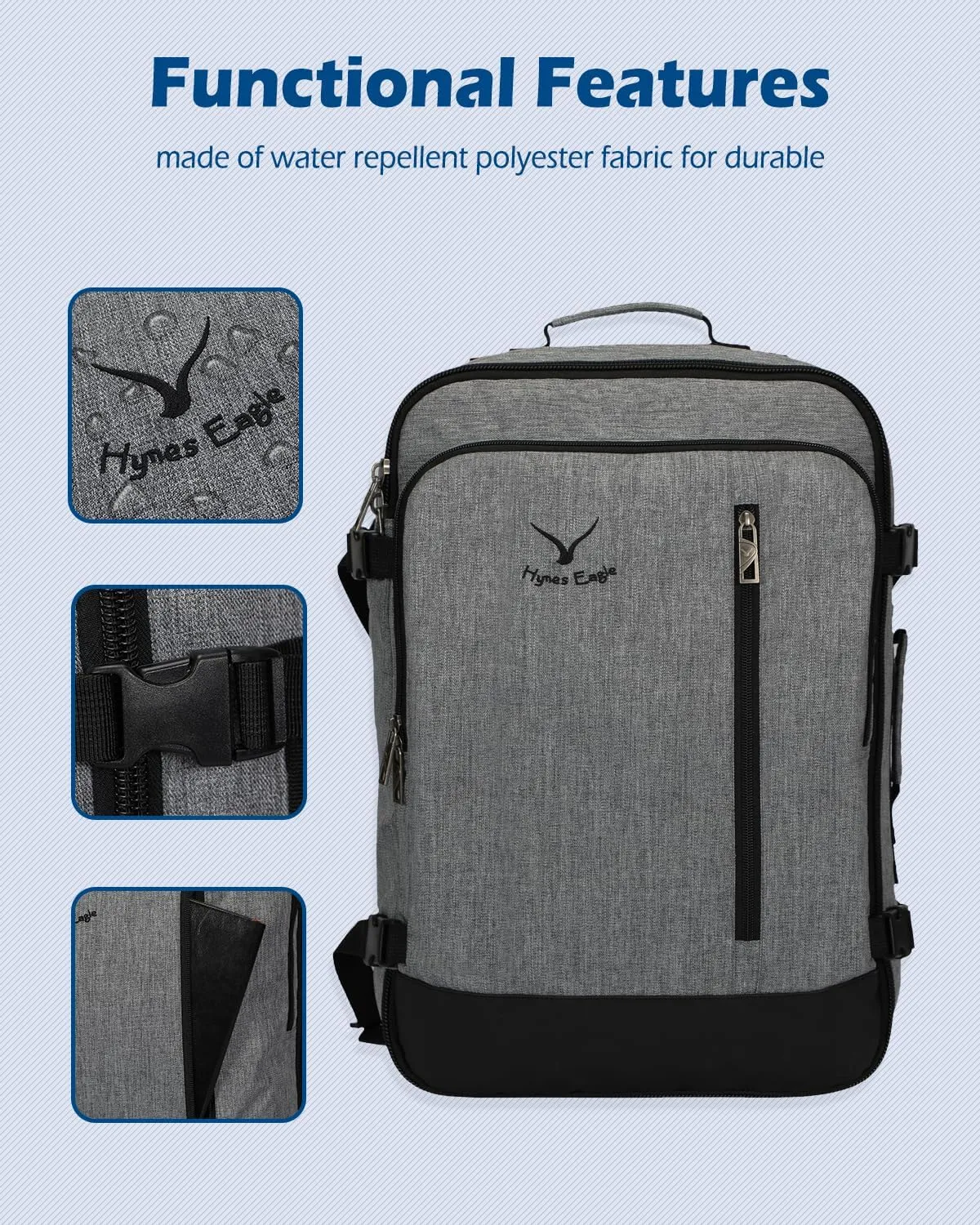 Hynes Eagle Carry on Backpack 38L Large Travel Backpack for Women Flight Approved Weekender Bag Laptop Backpack Men 15 inches Black Grey 2023