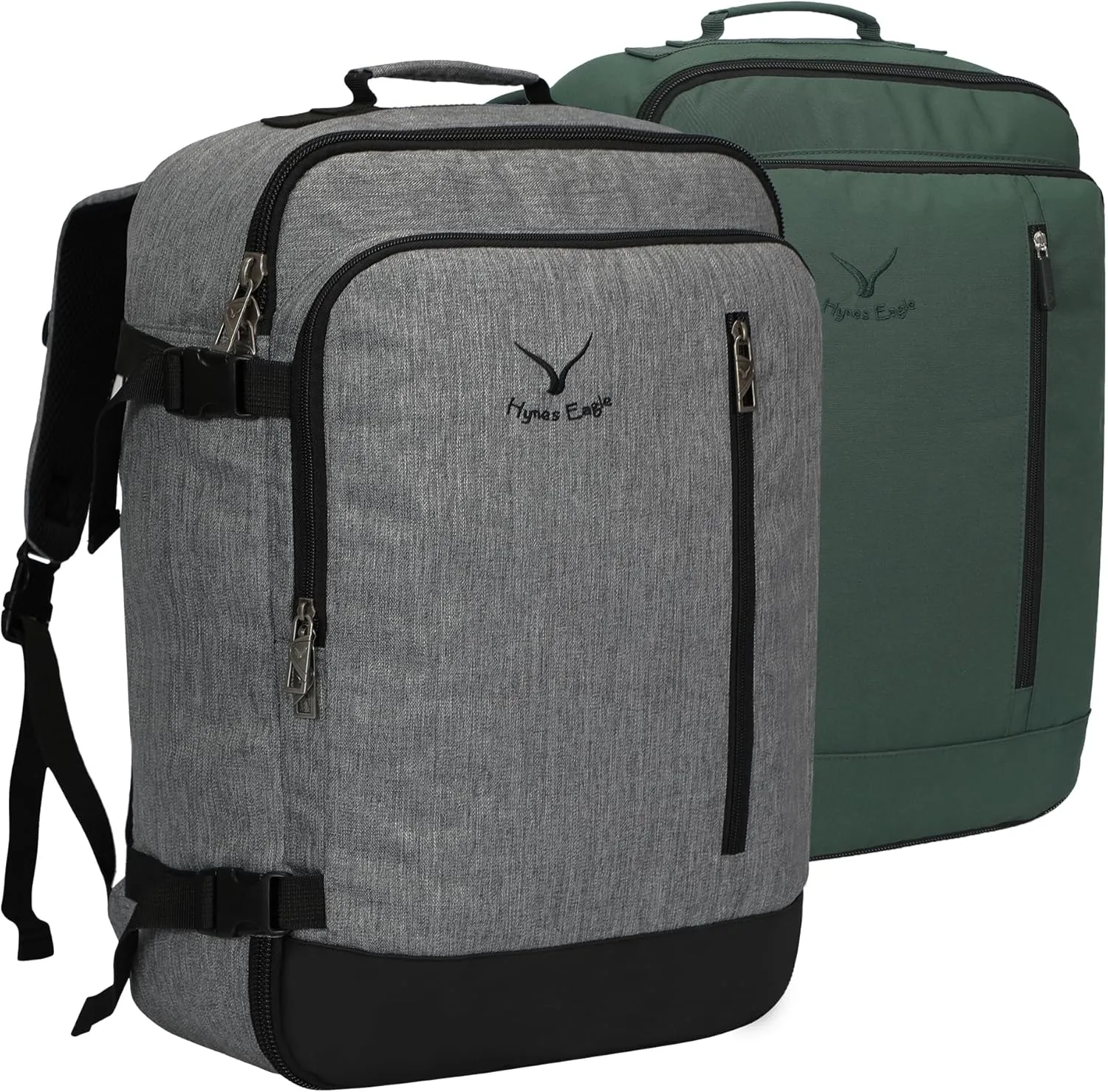 Hynes Eagle Carry on Backpack 38L Large Travel Backpack for Women Flight Approved Weekender Bag Laptop Backpack Men 15 inches Black Grey with Oliver Green