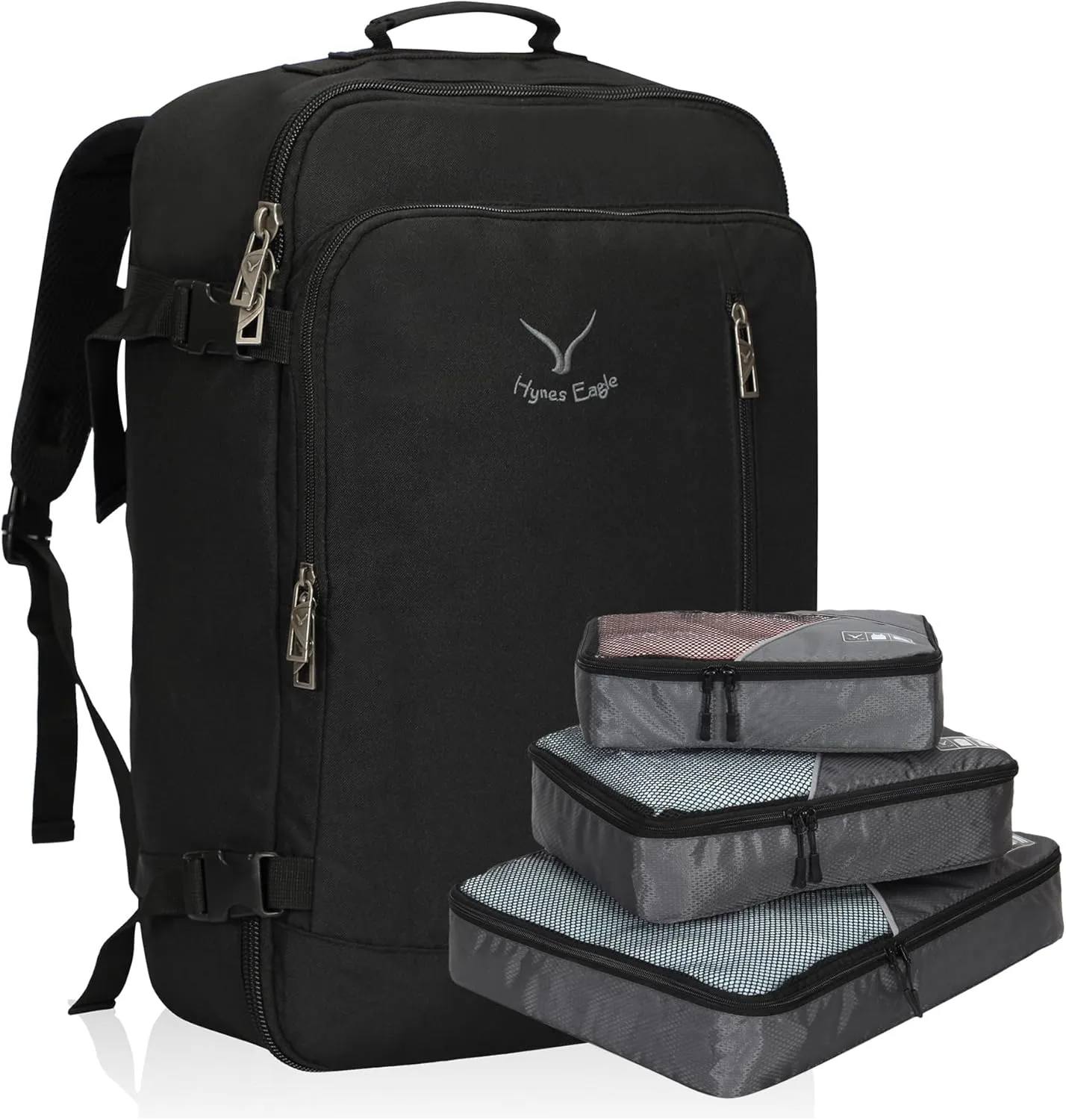 Hynes Eagle Carry on Backpack 38L Large Travel Backpack for Women Flight Approved Weekender Bag Laptop Backpack Men 15 inches Black with 3PCS Packing Cubes Set Grey