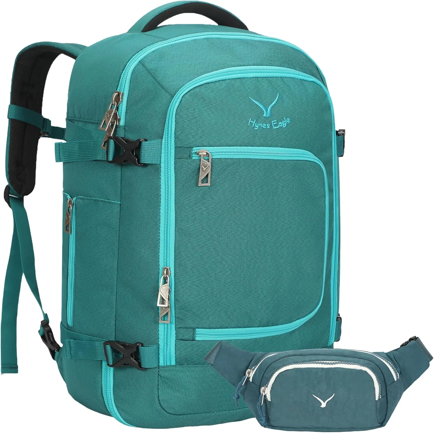 Hynes Eagle Travel Backpack 40L Flight Approved Carry on Backpack Men Large Cabin Weekender Laptop Backpack Women 15.6 inches Teal with Waist Pack Green