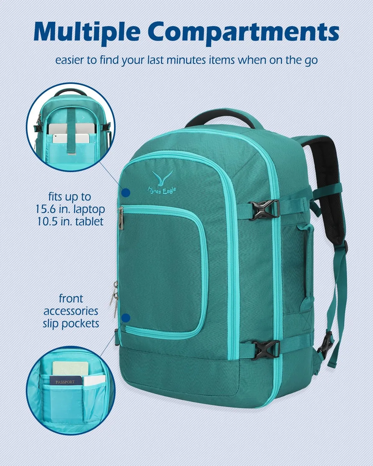 Hynes Eagle Travel Backpack 40L Flight Approved Carry on Backpack Men Large Cabin Weekender Laptop Backpack Women 15.6 inches