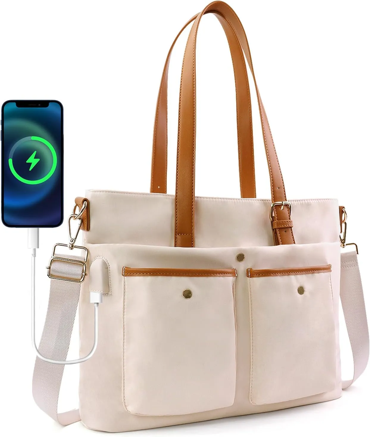 IBEE Work Tote Bag for Women with USB Charging Port Nylon Tote Bag Fits 15.6 Inch Laptop Travel Tote Bag with Zipper