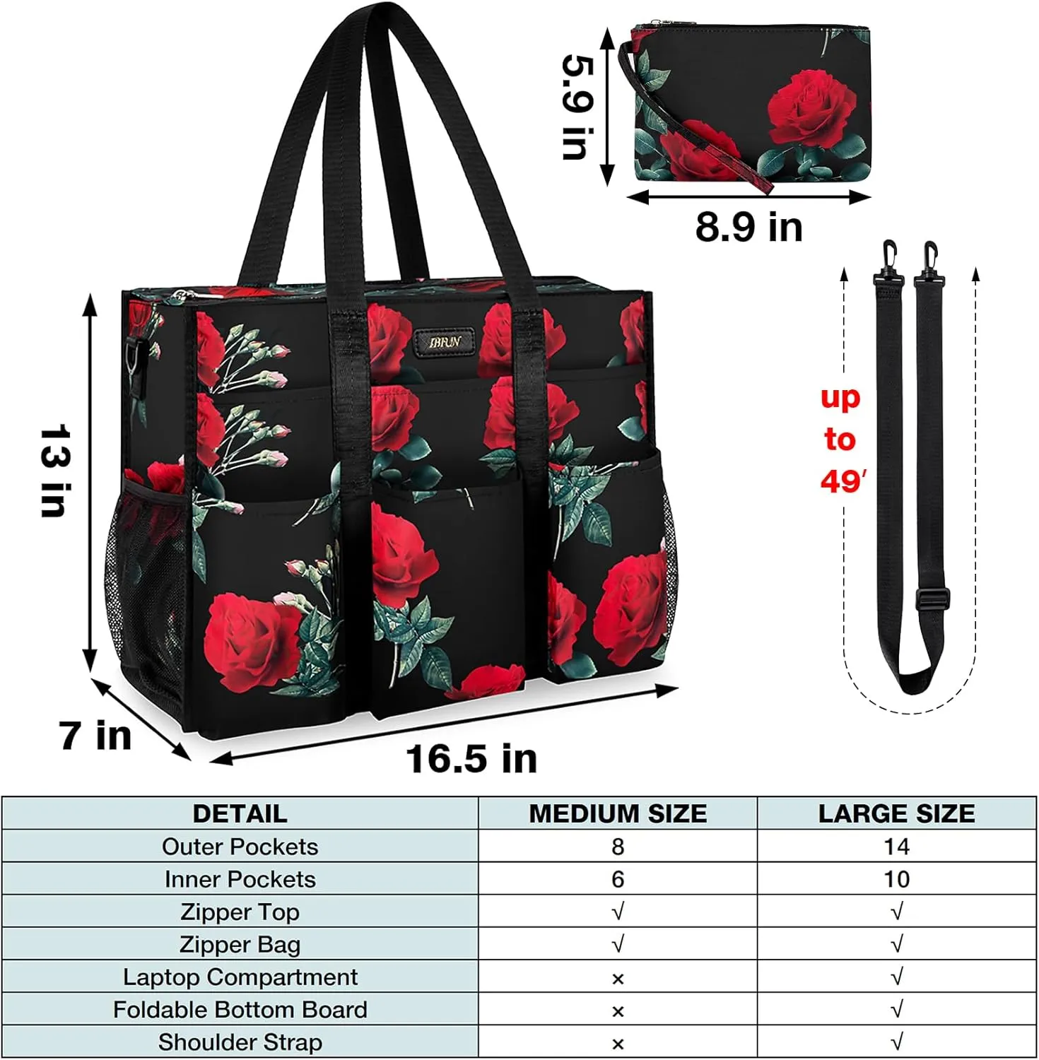 IBFUN Utility Tote Bag with 14/24 Pockets Zip Top Teacher Tote Bag for Teacher/Work Women
