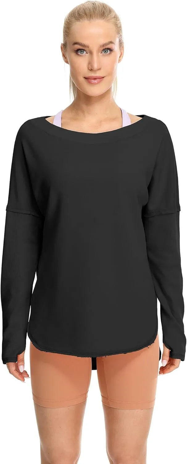 icyzone Women's Open Back Long Sleeve Crewneck Backless Athletic Tops with Thumb Holes