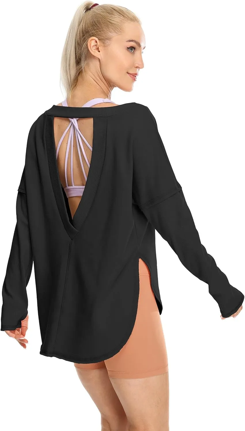 icyzone Women's Open Back Long Sleeve Crewneck Backless Athletic Tops with Thumb Holes