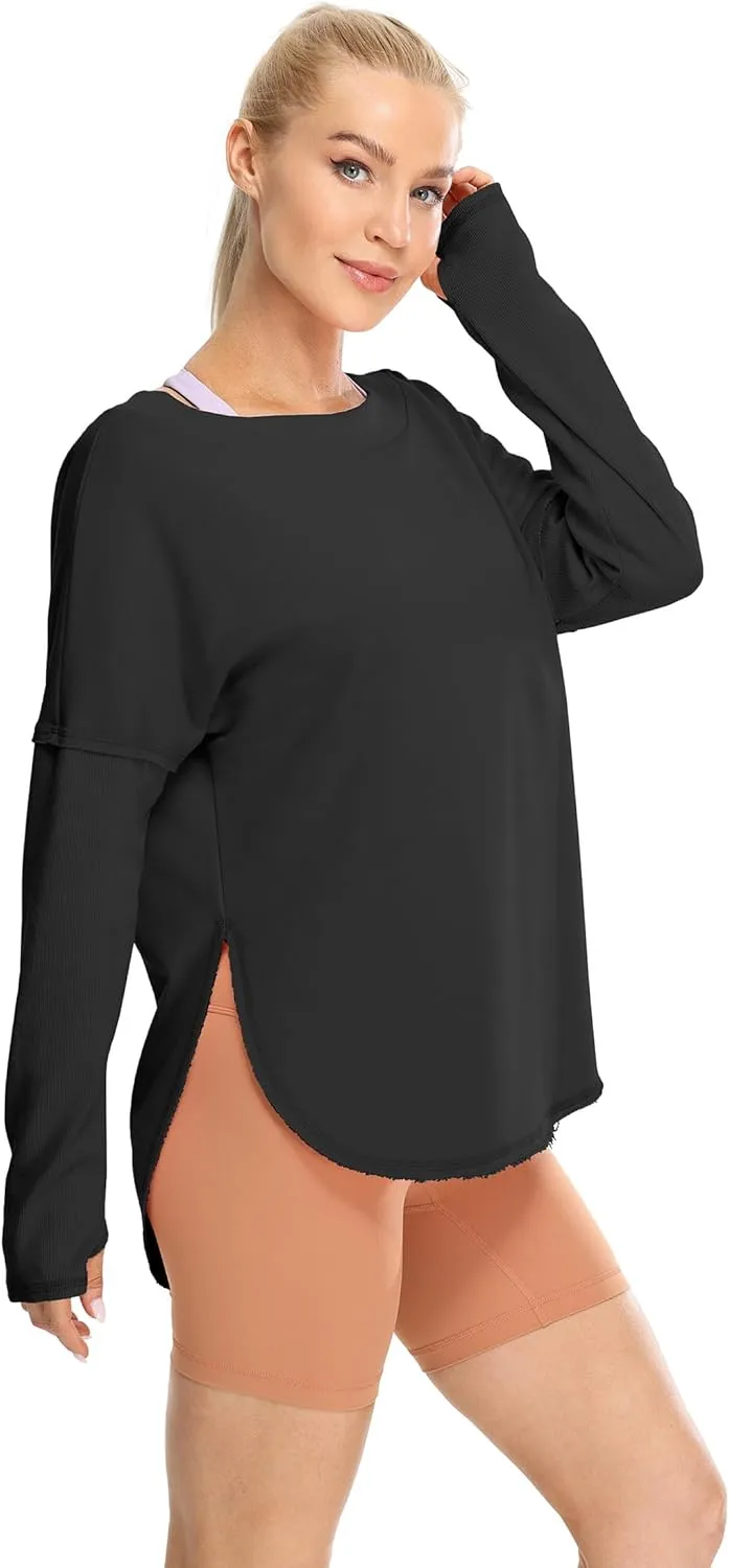 icyzone Women's Open Back Long Sleeve Crewneck Backless Athletic Tops with Thumb Holes