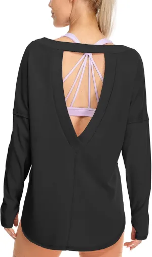 icyzone Women's Open Back Long Sleeve Crewneck Backless Athletic Tops with Thumb Holes