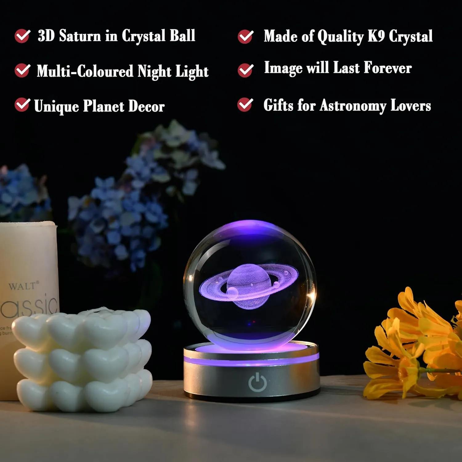 IFOLAINA 3D Saturn Crystal Ball Lamp Space Themed Gifts Engraved Glass Planet Sphere Decor Gifts Crystal Saturn Model Light Astronomy Gift for Kids Him Men Birthday