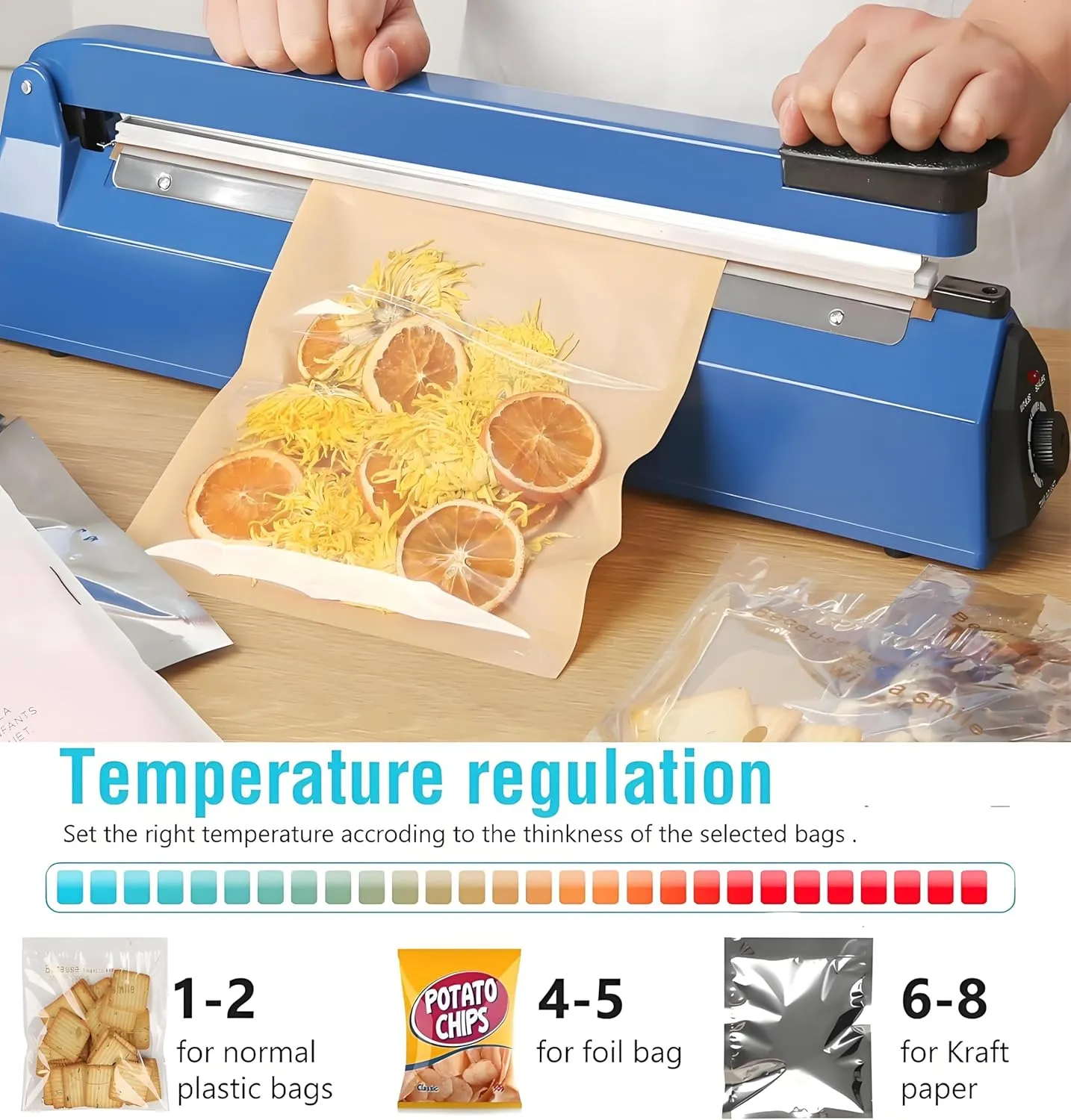Impulse Sealer 12 inch Manual Heat Sealer Machine with Adjustable Heating Mode, ABS Shrink Wrap Bag Sealers for Plastic PE PP Bags, Portable Poly Bag Sealing Machine with Extra Replace Kit(Blue)