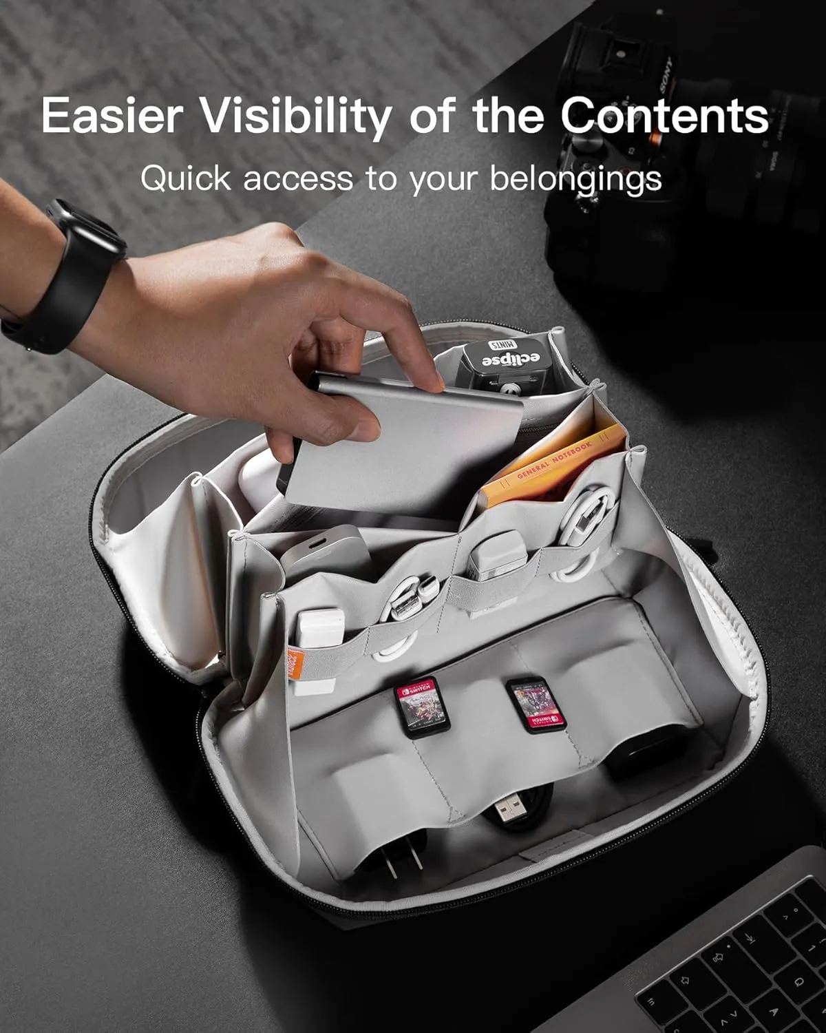 Inateck Electronics Organizer Travel Case, 180° Open Water-resistant, Multifunctional Travel Organizer Bag, Electronic Accessories Carry Case, Gray, Large