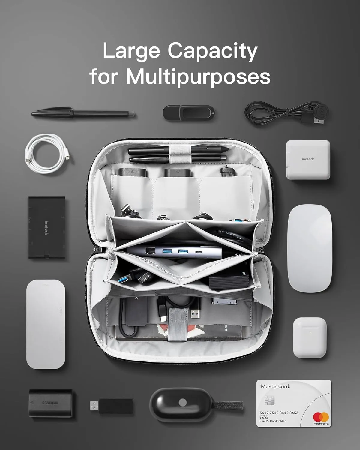 Inateck Electronics Organizer Travel Case, 180° Open Water-resistant, Multifunctional Travel Organizer Bag, Electronic Accessories Carry Case, Gray, Large