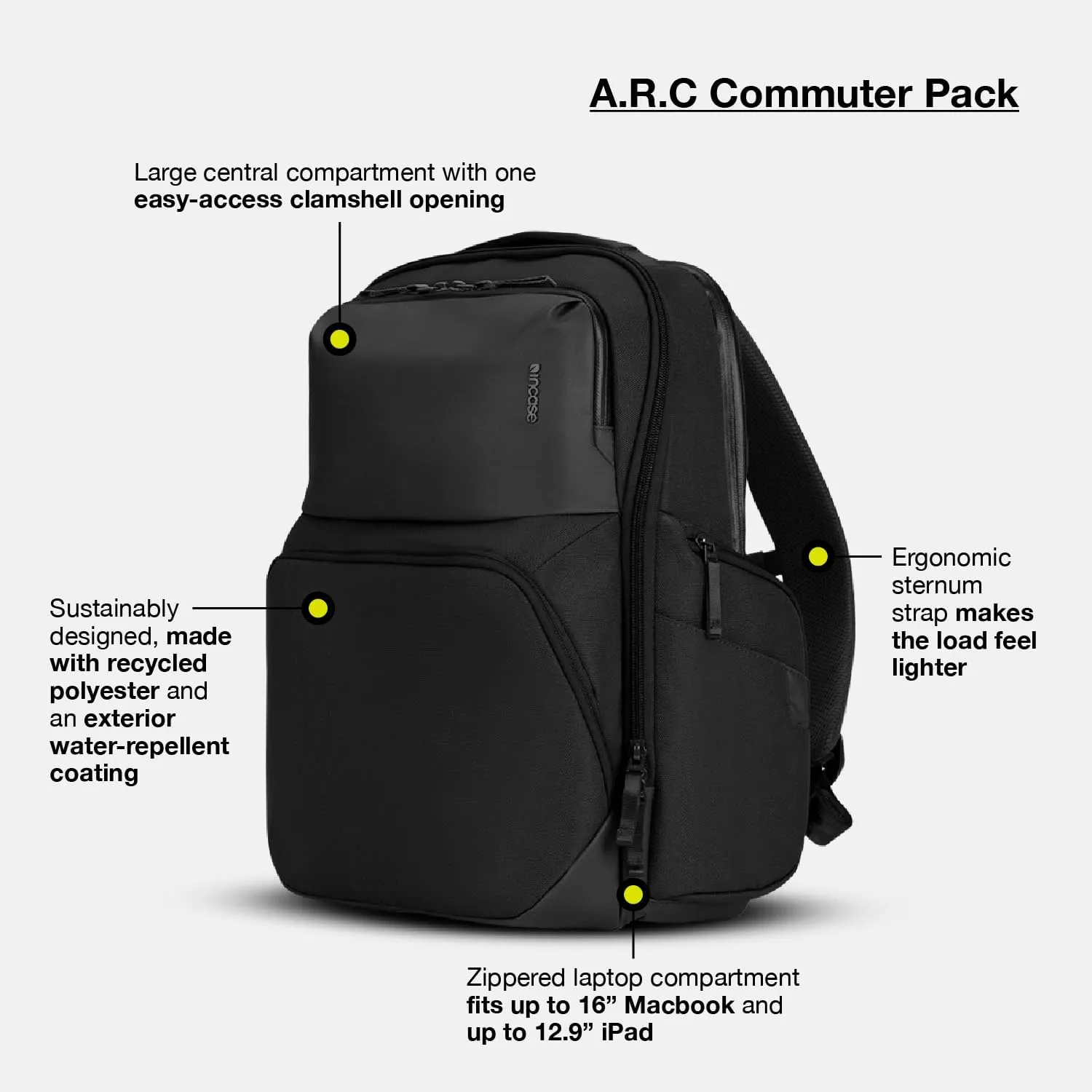 Incase A.R.C. Commuter Pack 26L with ReSpun 100% Recycled Polyester – RFID-Blocking, Hidden AirTag Pocket, Padded Up to 16”Laptop/Tablet Compartments, Ergonomic Sternum Strap, Foam Back - Navy