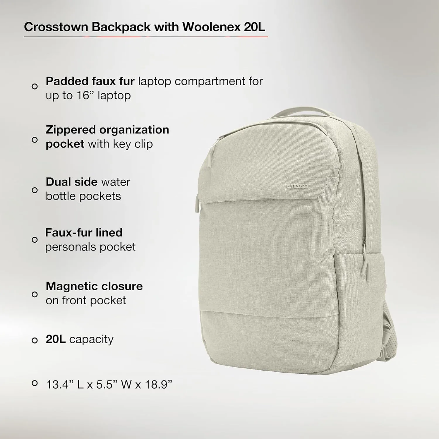 Incase Crosstown Backpack 20L – Durable Backpack Work, Travel & Daily Use – Faux Fur laptop pocket. External Zippered Pocket, Water Bottle Slips & Travel Pass-Through. Limestone