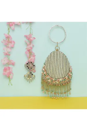 Ingenious Hand Work Sea Green Color Velvet Clutch