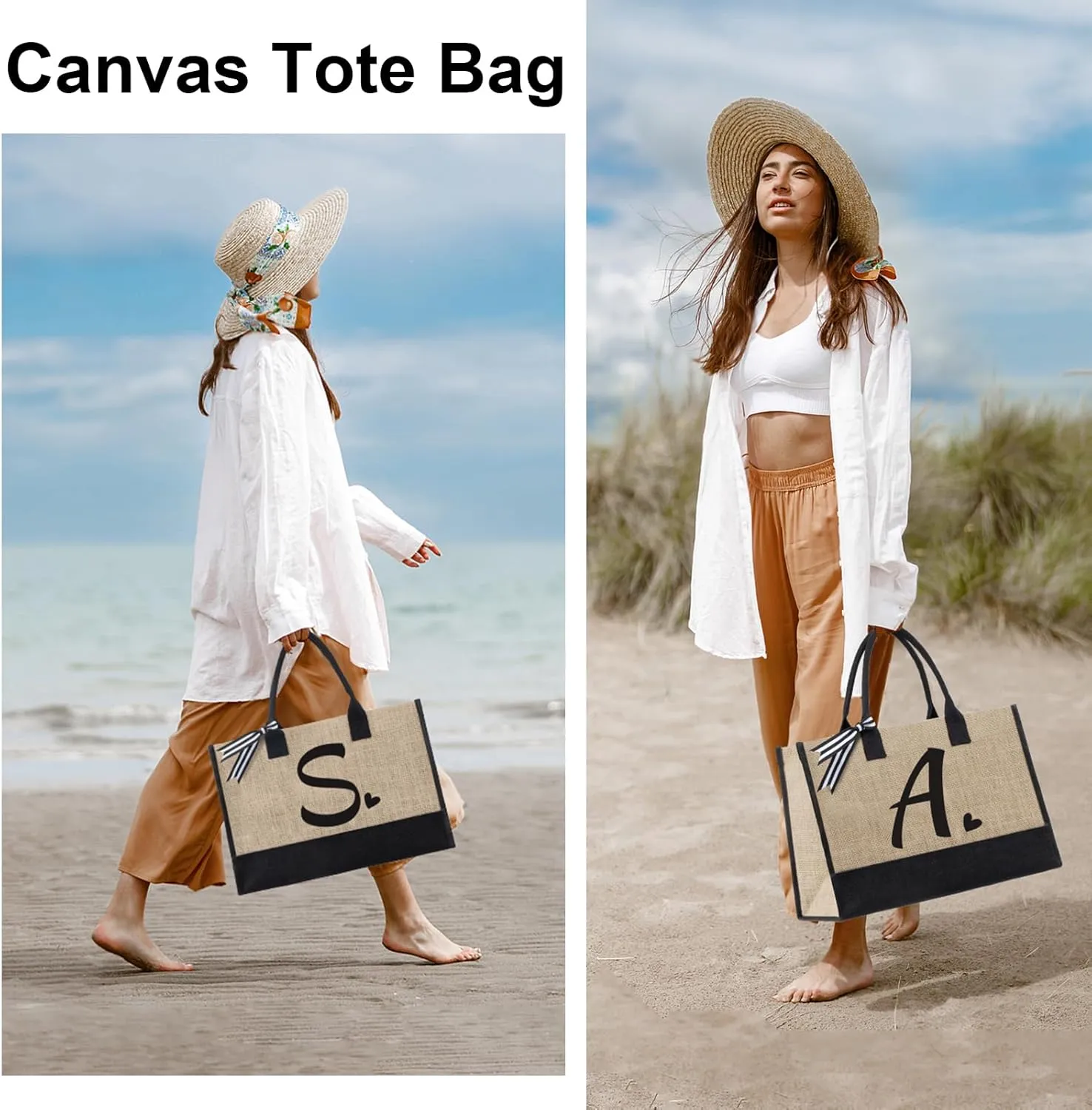 Initial Canvas Tote Bag, Personalized Beach Jute Bag Present for Women Holiday,Friends Birthday Gift,Wedding, New Year