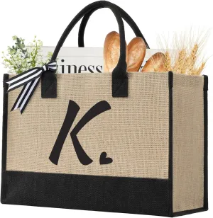 Initial Canvas Tote Bag, Personalized Beach Jute Bag Present for Women Holiday,Friends Birthday Gift,Wedding, New Year