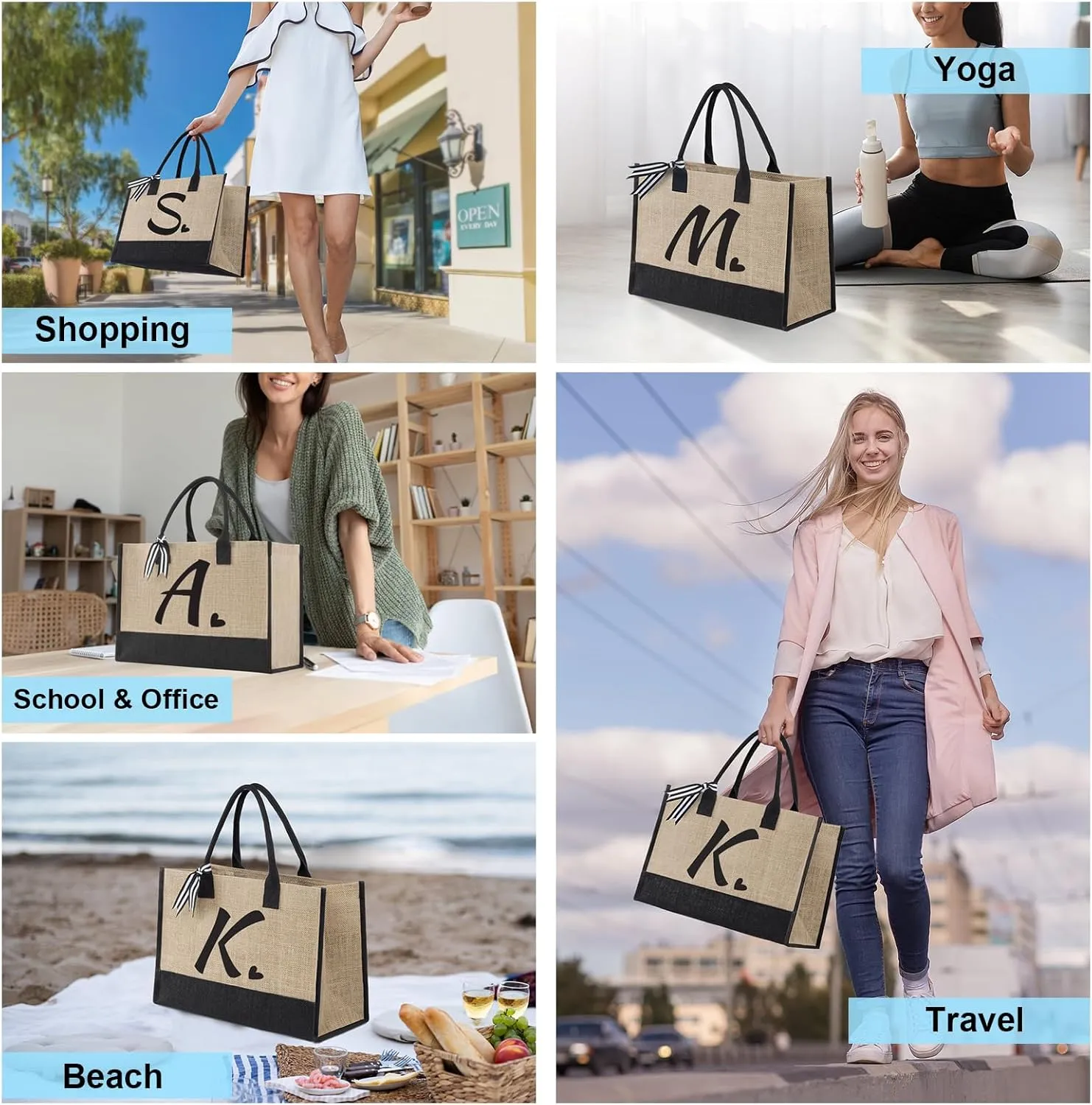 Initial Canvas Tote Bag, Personalized Beach Jute Bag Present for Women Holiday,Friends Birthday Gift,Wedding, New Year