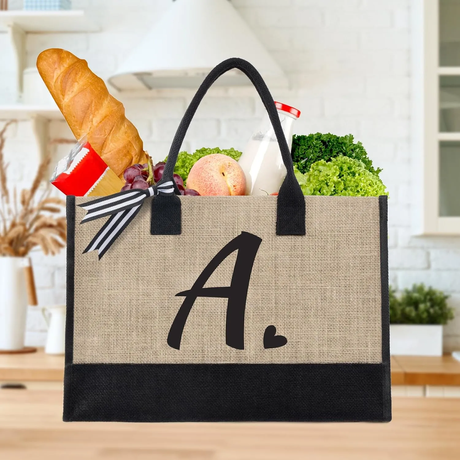 Initial Canvas Tote Bag, Personalized Beach Jute Bag Present for Women Holiday,Friends Birthday Gift,Wedding, New Year