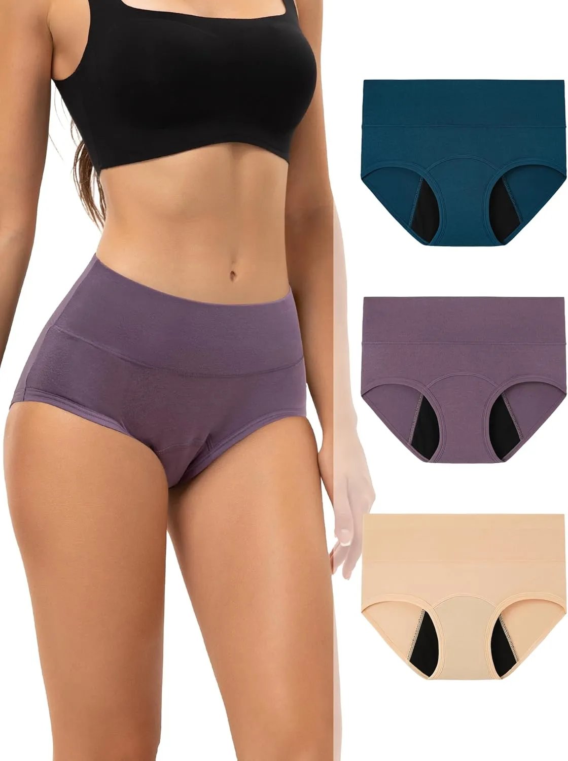 INNERSY Period Underwear for Women Heavy Flow High Waist Cotton Leak Proof Menstrual Panties 3-Pack