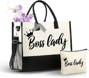 InnoBeta Boss Lady Gifts for Women Canvas Tote Bag, with Top Zipper Closure and Shoulder Strap for Birthday, Mother's Day, Christmas