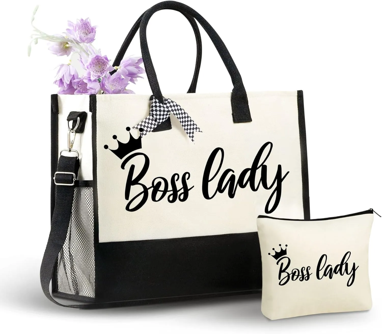 InnoBeta Boss Lady Gifts for Women Canvas Tote Bag, with Top Zipper Closure and Shoulder Strap for Birthday, Mother's Day, Christmas