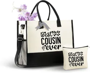 InnoBeta Cousin Gifts for Women, Best Cousin Ever, Canvas Tote Bag for Cousins, Friends, Bag with Top Zipper Closure and Shoulder Strap for Birthday