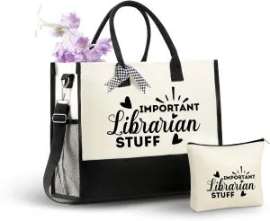 InnoBeta Librarian Gifts for Women Canvas Tote Bag, Librarian Gifts Tote with Top Zipper Closure and Shoulder Strap for Birthday, Mother's Day, Christmas