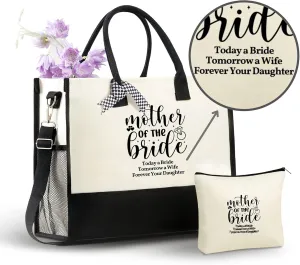 InnoBeta Mother of The Bride Gifts Canvas Tote Bag, Mother of The Bride Bag with Top Zipper Closure and Shoulder Strap for Wedding