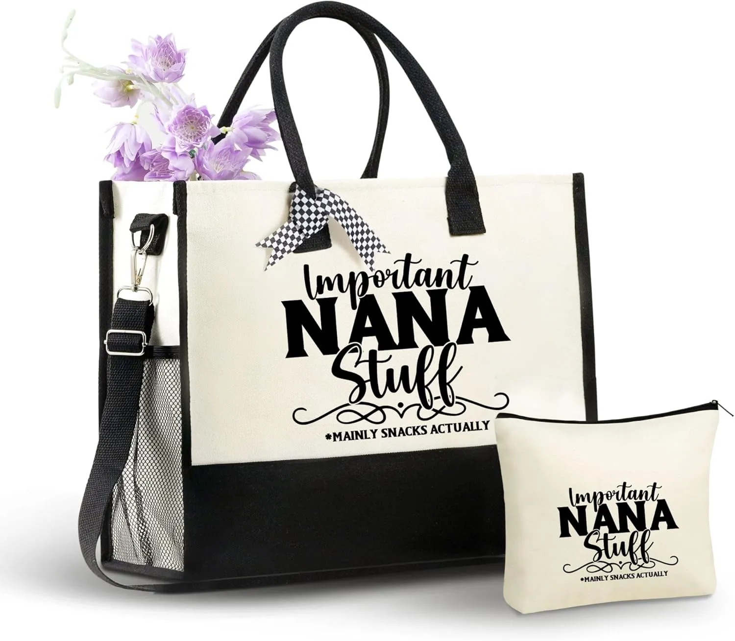 InnoBeta Nana Gifts Canvas Tote Bag, Important Nana Stuff Bag with Top Zipper Closure and Shoulder Strap for Birthday, Mother's Day, Christmas