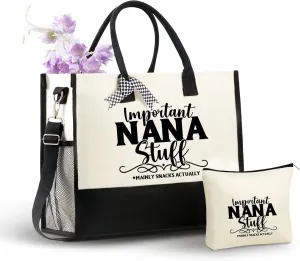 InnoBeta Nana Gifts Canvas Tote Bag, Important Nana Stuff Bag with Top Zipper Closure and Shoulder Strap for Birthday, Mother's Day, Christmas