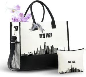 InnoBeta New York City Skyline Gifts Canvas Tote Bag for NYC Lovers, Women, NYC Themed Gifts Bag with Top Zipper Closure and Shoulder Strap, Skyline Map Gifts or Birthday, Thanksgiving, Christmas