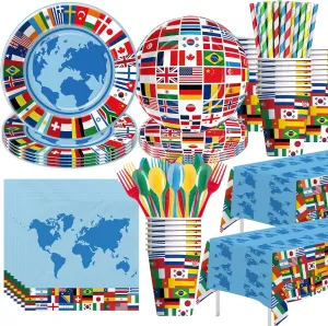 International World Flags Decorations Tableware - Olympic Party Decorations Supplies, Plate, Cup, Napkin, Cutlery, Tablecloth, Travel Trip Around the World Globe Retirement Supplies | Serve 24