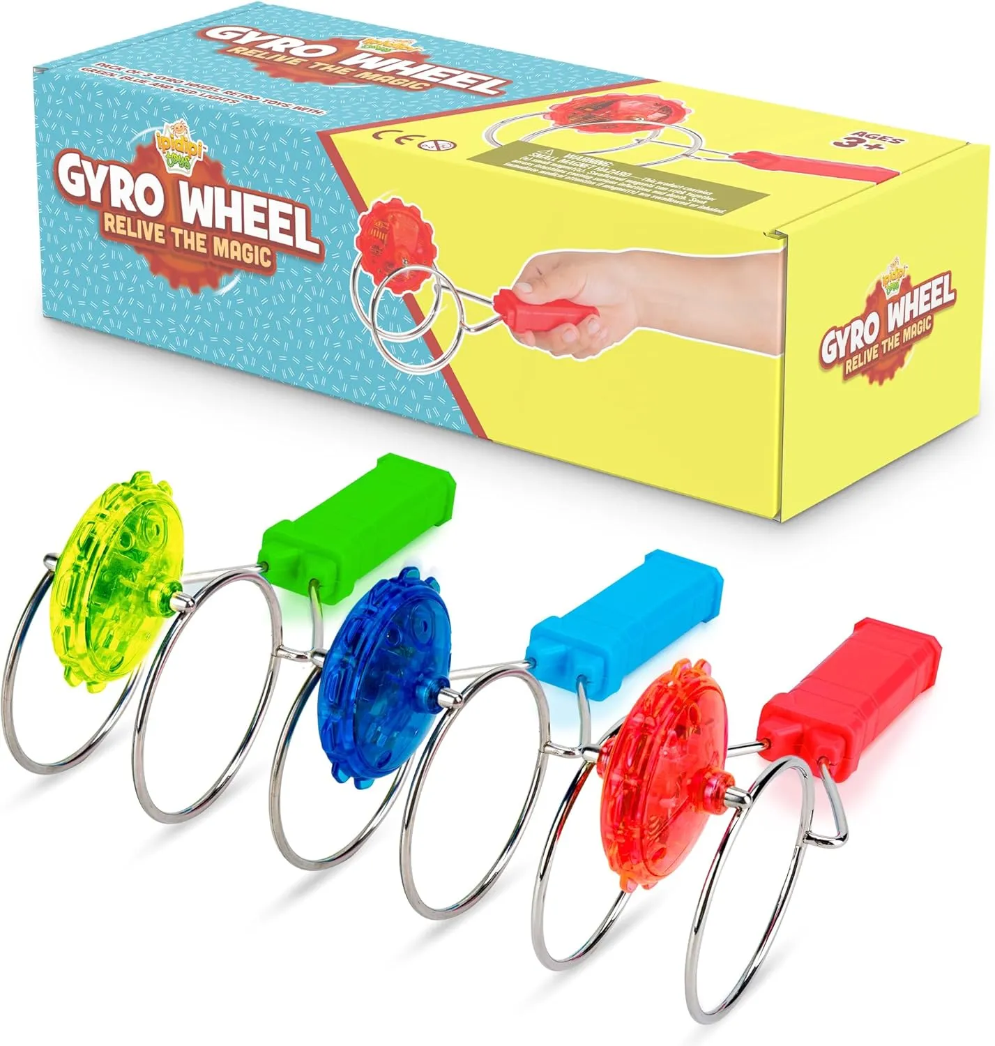 IPIDIPI TOYS Retro Magic Gyro Wheel - Light Up Flashing Magnetic Spinning, Rail Twister Fidget Toy, Stocking Stuffers for Kids - Red, Blue & Green, Pack of 3