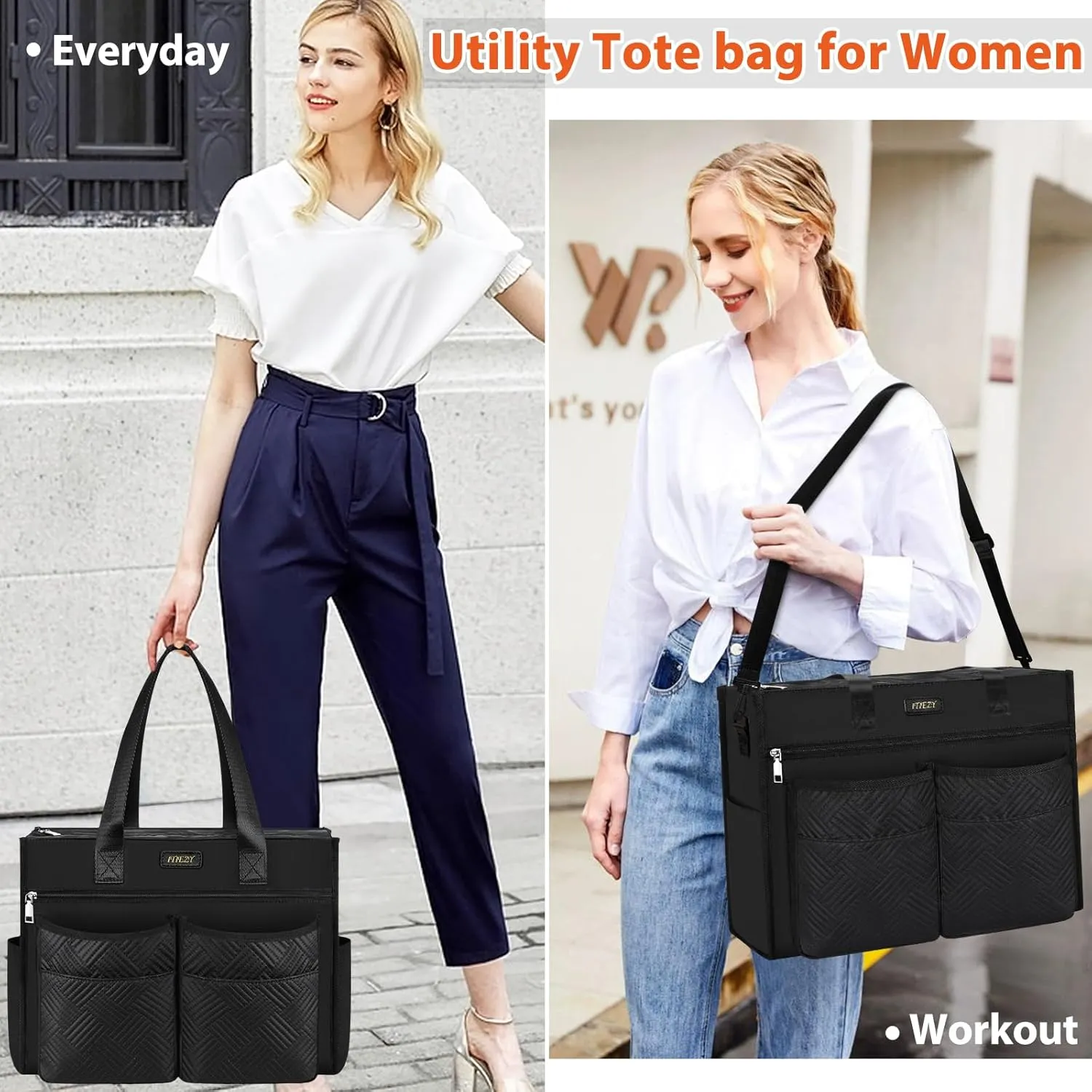 ITIEZY Utility Tote Bag for Women with 15/18 Pockets - Large Teacher Tote Bag with Zipper Compartment Nurse Bags for Work