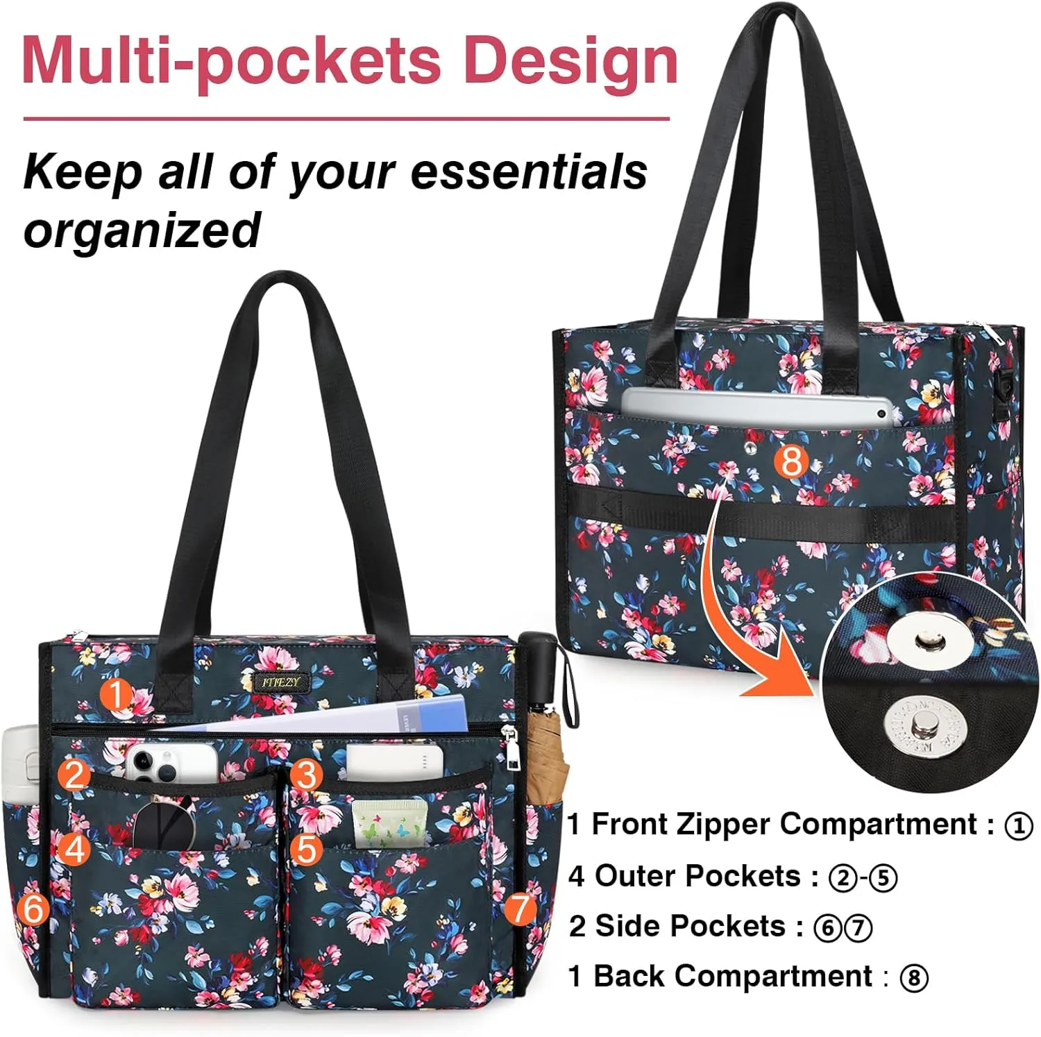 ITIEZY Utility Tote Bag for Women with 15/18 Pockets - Large Teacher Tote Bag with Zipper Compartment Nurse Bags for Work