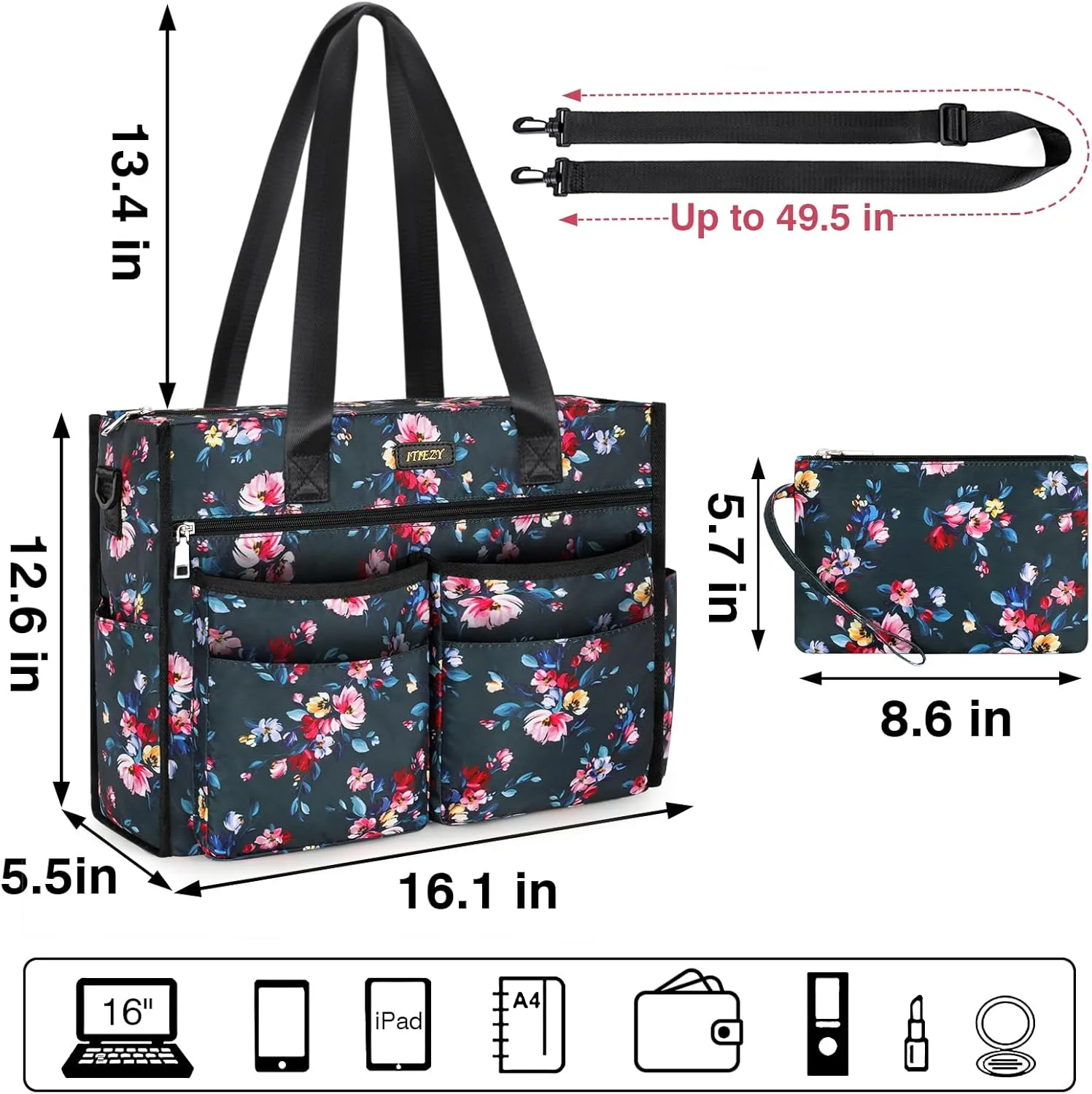 ITIEZY Utility Tote Bag for Women with 15/18 Pockets - Large Teacher Tote Bag with Zipper Compartment Nurse Bags for Work