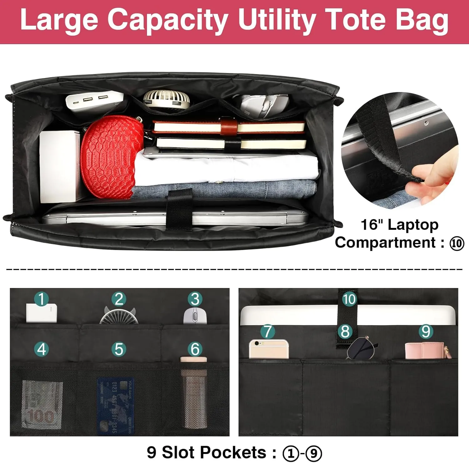 ITIEZY Utility Tote Bag for Women with 15/18 Pockets - Large Teacher Tote Bag with Zipper Compartment Nurse Bags for Work