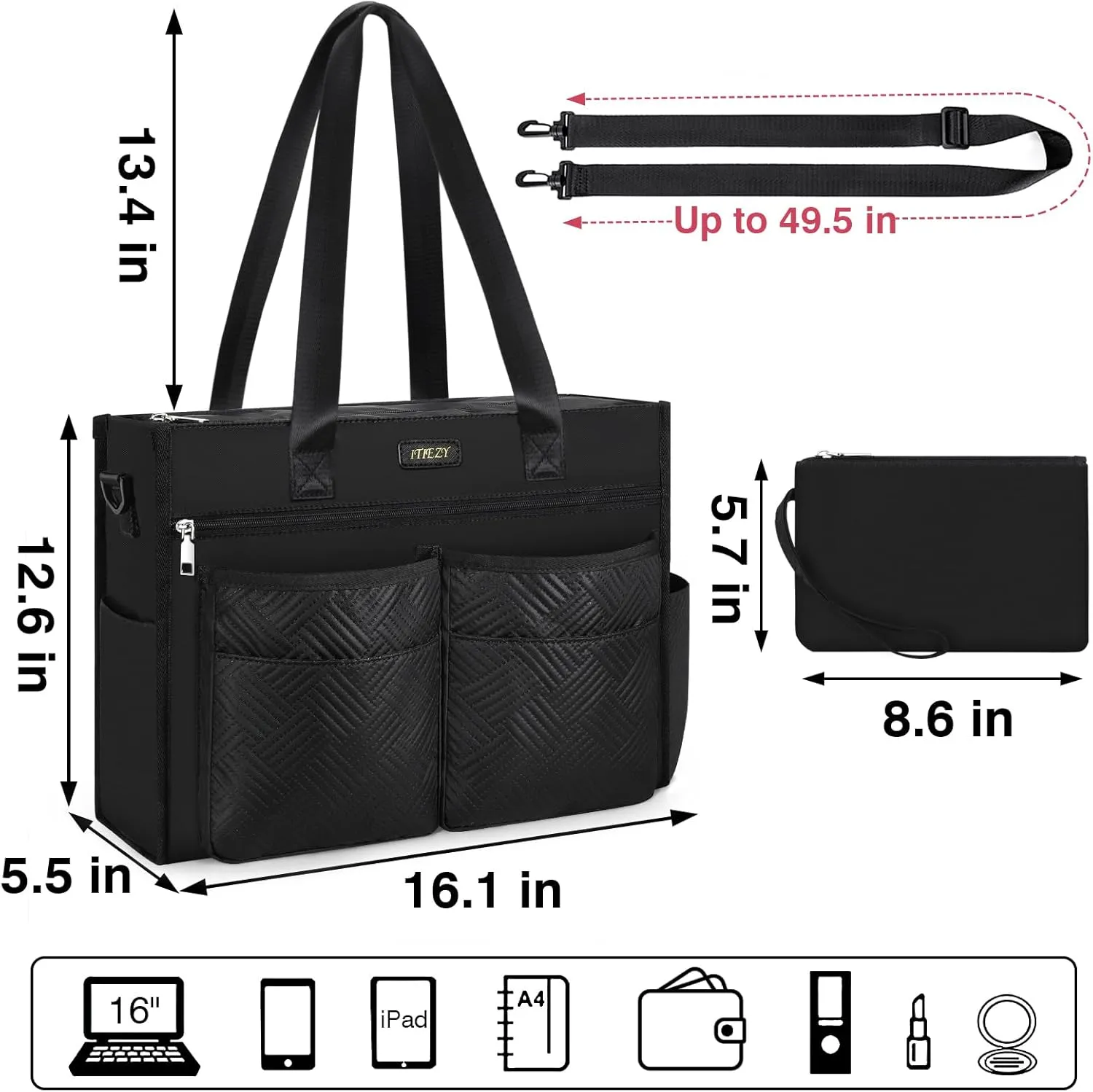 ITIEZY Utility Tote Bag for Women with 15/18 Pockets - Large Teacher Tote Bag with Zipper Compartment Nurse Bags for Work