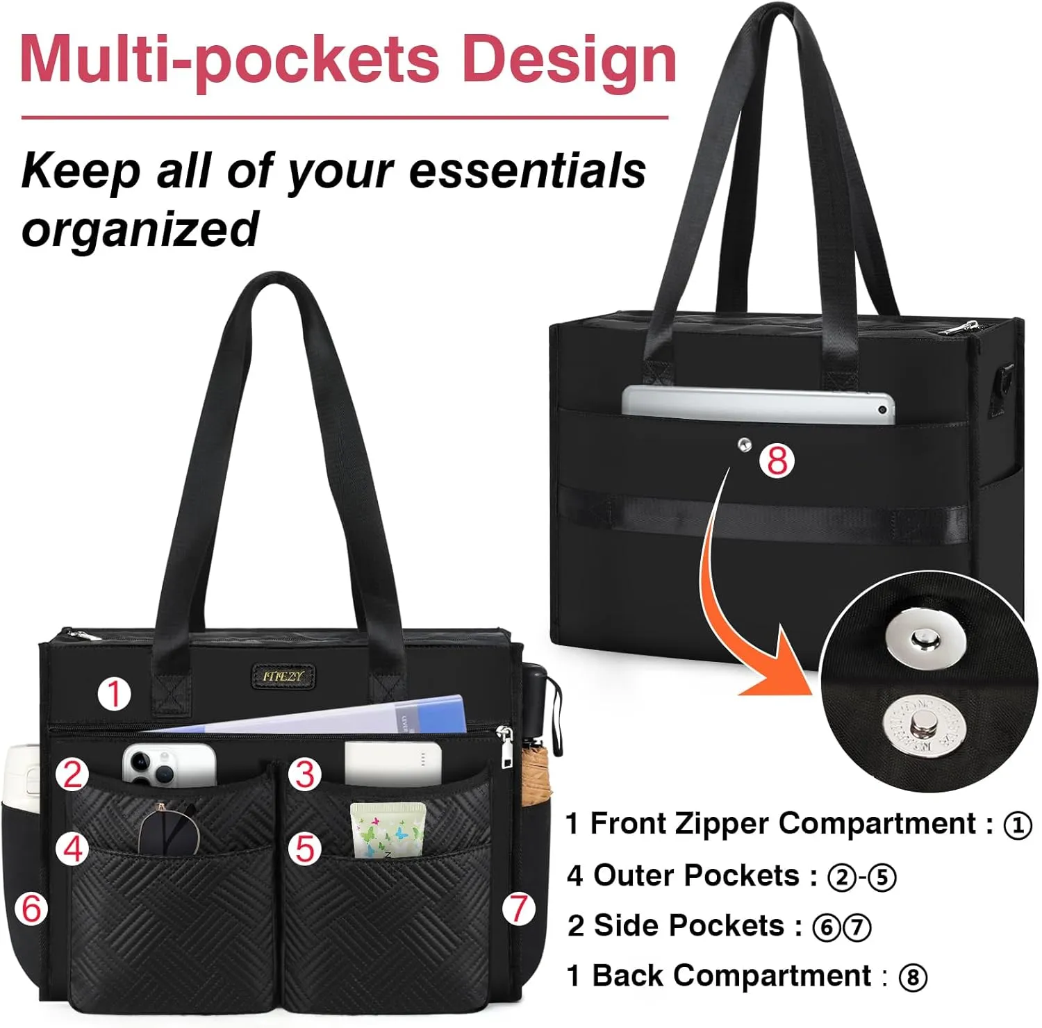 ITIEZY Utility Tote Bag for Women with 15/18 Pockets - Large Teacher Tote Bag with Zipper Compartment Nurse Bags for Work