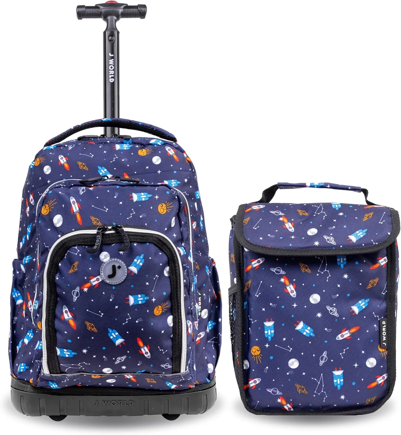 J World Lollipop Kids Rolling Backpack & Lunch Bag Set for Elementary School. Carry-On Suitcase with Wheels, Spaceship