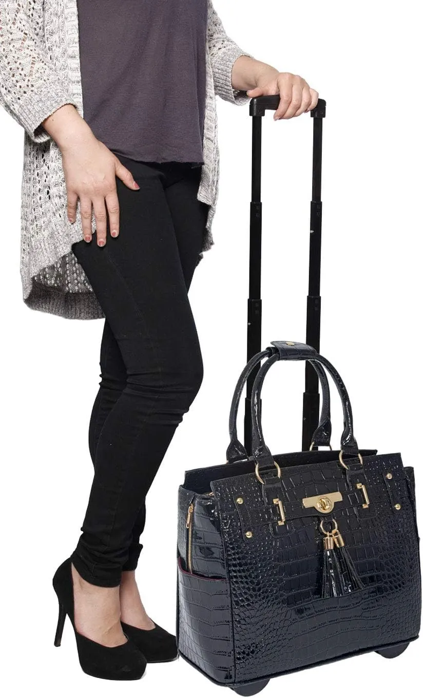 JKM & Company Rolling Laptop Bag for Women | Designer Wheeled Briefcase | Fits 13-17" Laptops | Office Travel Computer Case (Cosmopolitan)