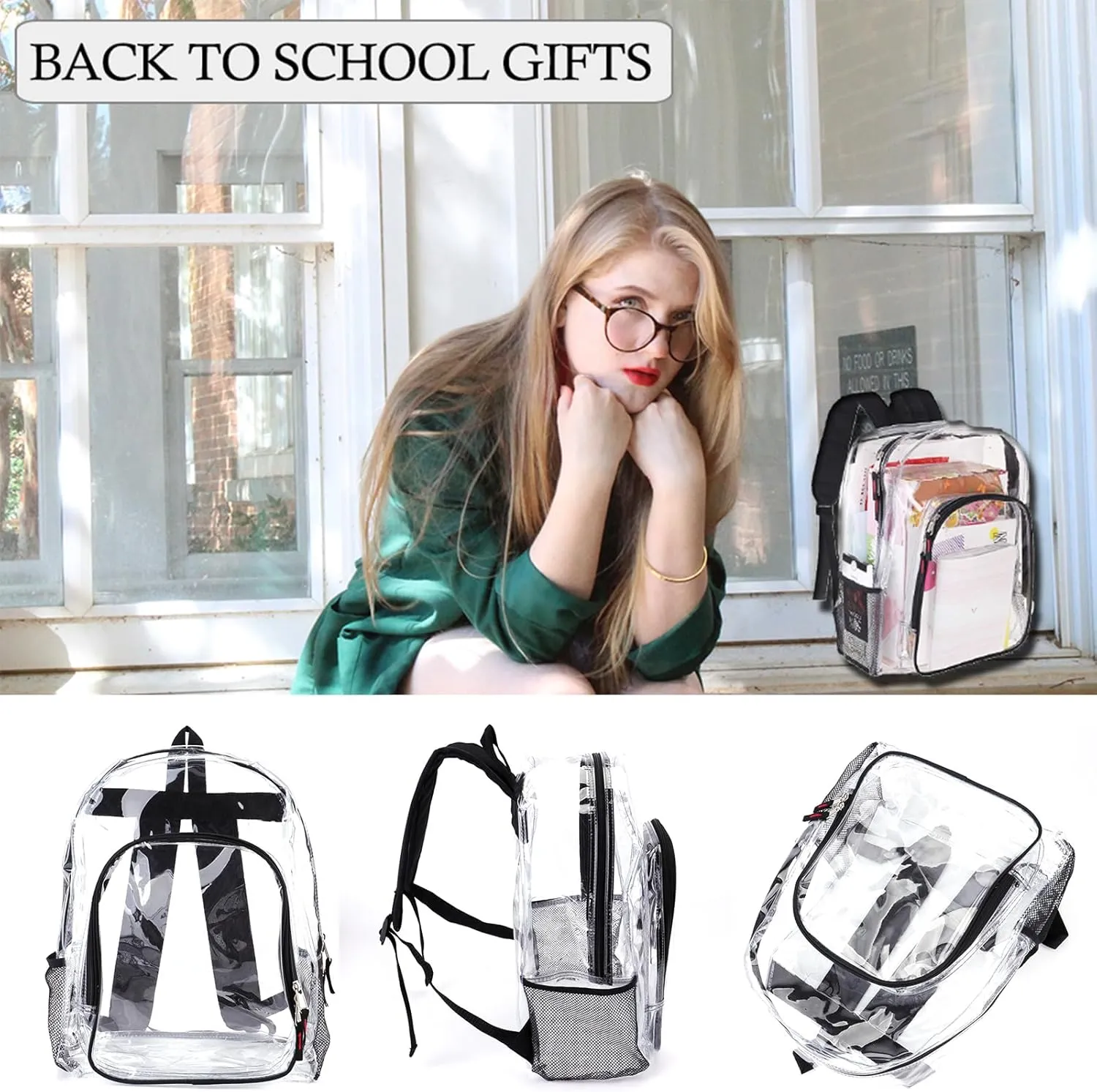JOMPARO Clear Backpacks for School Heavy Duty Bulk Clear Bookbags (12 Pack), Medium, Black-12