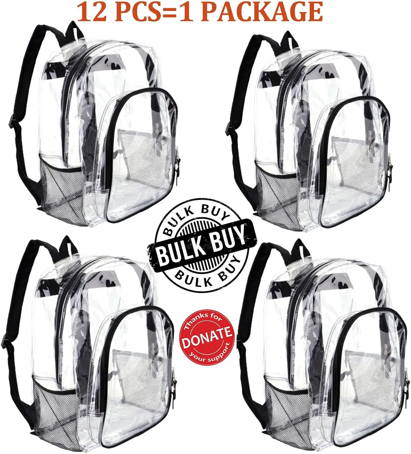 JOMPARO Clear Backpacks for School Heavy Duty Bulk Clear Bookbags (12 Pack), Medium, Black-12